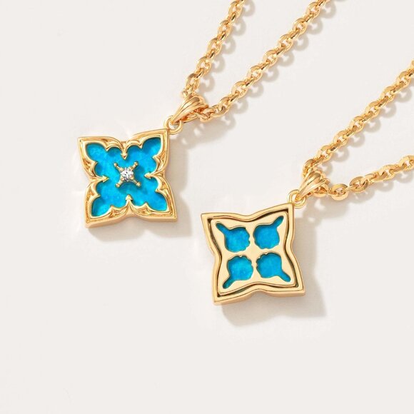 Gold Clover Necklace Women Dainty 14K Gold Blue Onyx Pendant Adjustable Chain - Picture 4 of 6